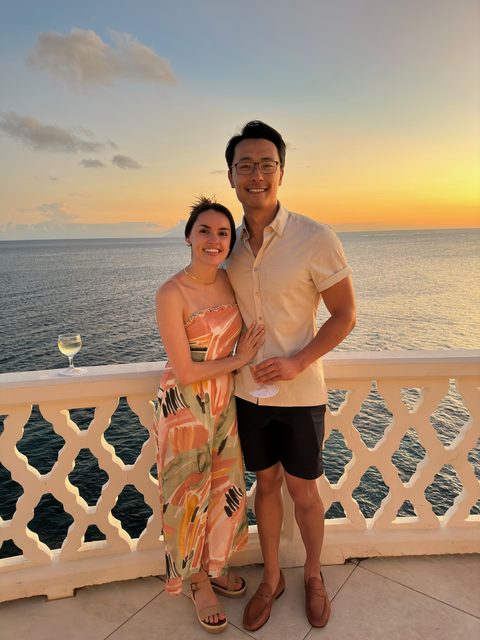 Sunset over the ocean from a seaside terrace