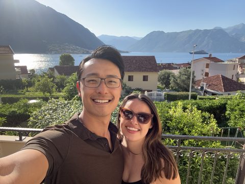 A selfie above a mountain bay